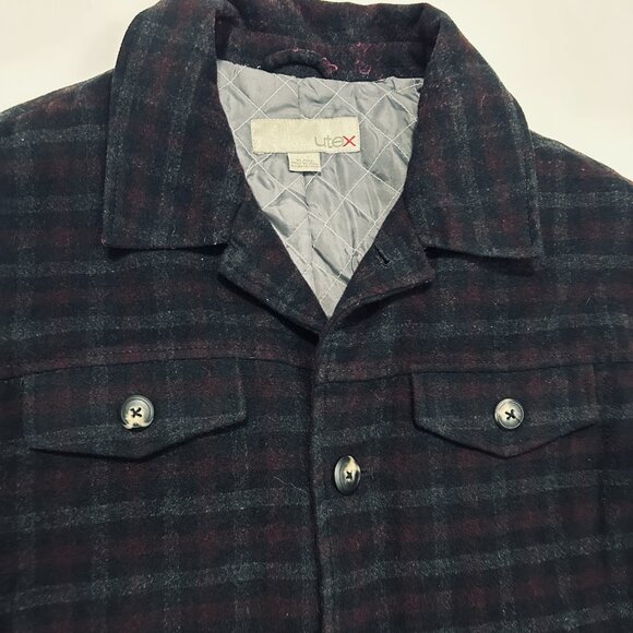 Utex Wool Blend Shirt Jacket Mens XL Burgundy Gray Plaid Quilted Lining Shacket - Picture 5 of 16